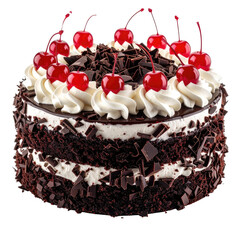 Layered cake with cream, chocolate shavings, and cherries on top