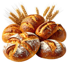 Fresh breads with golden wheat stalks. Rustic, bakery display