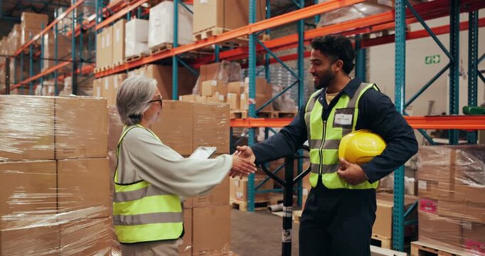 People, shaking hands and tablet for logistics in warehouse with supply chain, discussion and agreement. Handshake, stock and tech for export and inventory management for shipping quality control