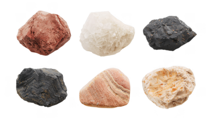 Selection of six diverse stones isolated on transparent background, perfect for educational resources