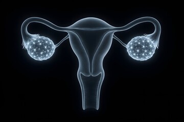Digital glowing illustration of the uterus and ovaries, symbolizing reproductive health, fertility, gynecology, and awareness events like Ovarian Cancer Day and Women’s Health Week.
