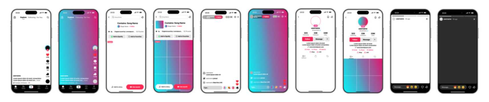 Tiktok modern update layout with reels live stream explore shop profile tools in a refined mobile UI concept vector illustration