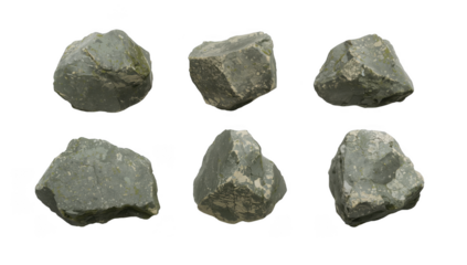 Six gray stones are arranged on a white surface, creating a simple and natural composition isolated on transparent background