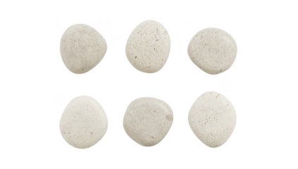Six white stones are arranged on a white surface, creating a simple and clean composition isolated on transparent background