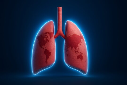 Illustrated red lungs with world map overlay and blue glow, symbolizing global respiratory health, lung disease awareness, air quality, and international events like World Lung Day.