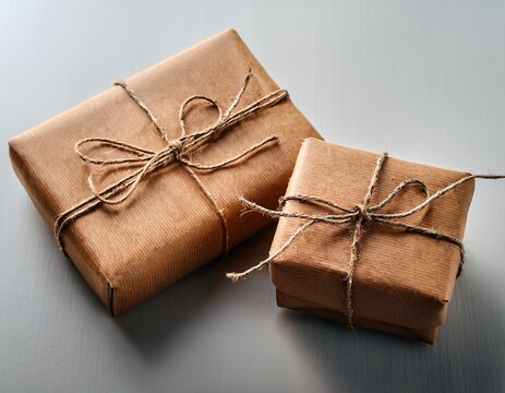 two brown boxes with a string tied to them