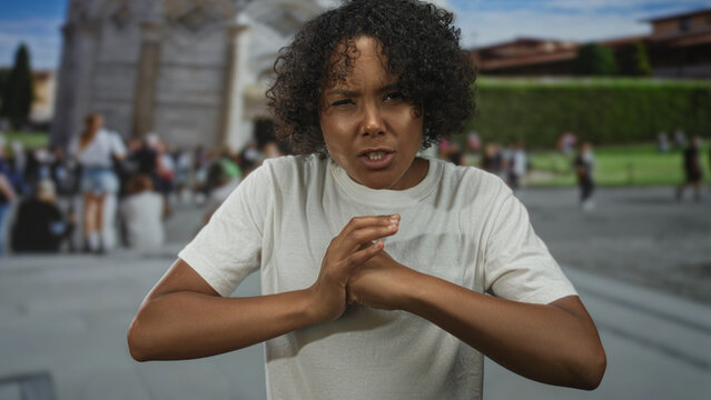 Fototapeta Young african american woman cracking knuckles on street near pisa tower under clear blue sky  anger release.