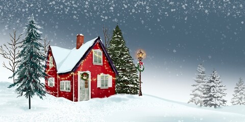 christmas tree in the snow Cozy winter landscape with red houses, pine trees and gentle snowfall, friendly holiday background for cards and banners hand drawn illustration