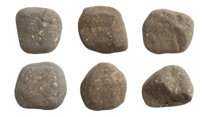 Set of six brown stones arranged on a white surface isolated on transparent background
