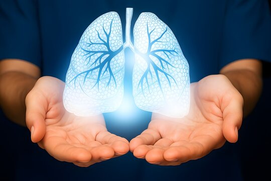 A doctor holds glowing holographic lungs, symbolizing respiratory health, lung protection, and global awareness events like World Lung Day and COPD Awareness Month.