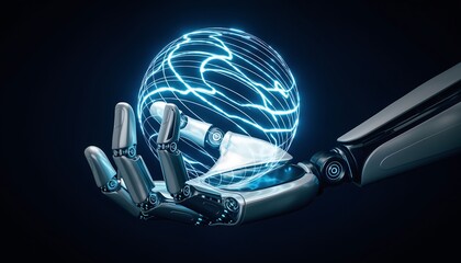 Robotic Hand Holding Digital Globe Representing Global AI Technology