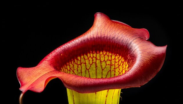 detailed closeup of a crimson and yellow pitcher plant on black background