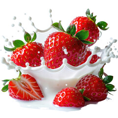 Strawberries Fresh berries in a creamy splash with green leaves