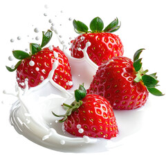 Strawberries sit in a splash of liquid, close up on white background