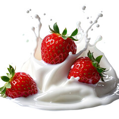 Strawberries splash in milk. Sweet red berries with green leaves