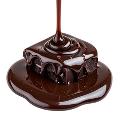 Chocolate sauce pouring onto a fudgy brownie against a black background