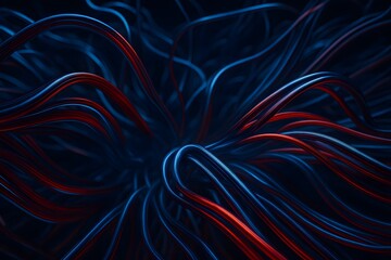Obraz premium Abstract red and blue intertwined fiber lines symbolizing neural pathways, brain connectivity, and complex networks. Ideal for neurology, AI, mental health awareness, and scientific visuals.