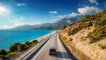 car driving on the road of europe road landscape in summer it s nice to drive on the beach side highway highway view on the coast on the way to summer vacation turkey trip on beautiful travel road