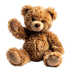 Fluffy brown teddy bear sitting and waving hello on black background