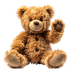 Cute brown teddy bear waving with paw. Soft plush stuffed animal