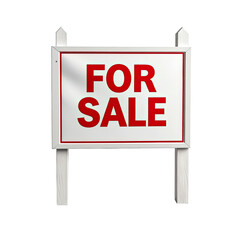 Rectangular sign says "FOR SALE" in large, bold red letters