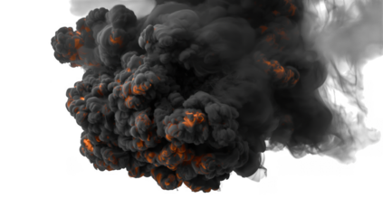 Dramatic explosion of dark smoke and fiery embers billowing outwards against a stark white backdrop isolated on transparent background