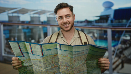 Young man with beard and backpack reading map on cruise boat with seaside view, embodying outdoor adventure and exploration.