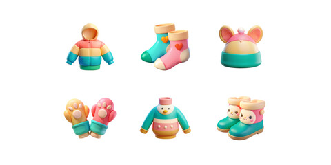 Fototapeta premium Isolated PNG pastel baby icons with mint socks, yellow-pink mittens, pastel hats, soft baby jackets and cute plush toys in gentle 3D nursery style.