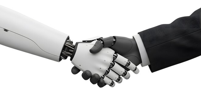 A close-up shot of an individual shaking hands with a robot, suggesting collaboration