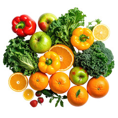 Colorful variety of fresh fruits and vegetables, arranged neatly