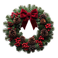 Christmas wreath with red bow, pine cones and berries on dark background