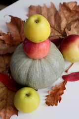 Pumpkin and apples laying  on the table