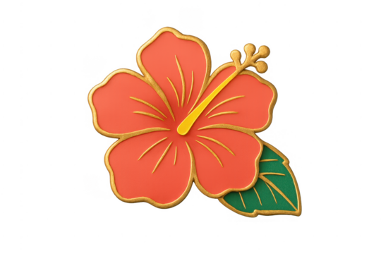 Red hibiscus flower 3d icon with golden outline and transparent background