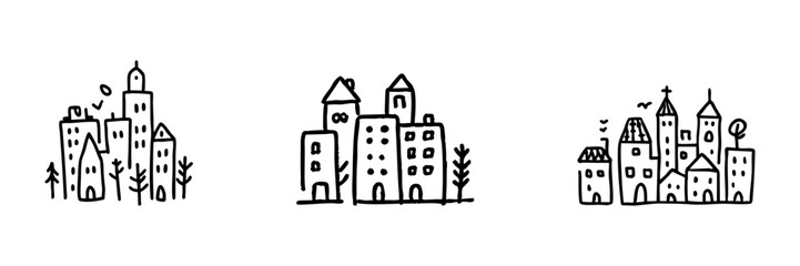 Obraz premium Doodle Style Cityscape Line Icon Set. Urban Architecture, Buildings, And Skyline Outline Sketch Collection. Hand Drawn Isolated Vector Illustration