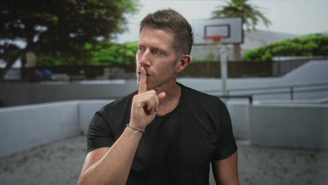 Man with finger to lips for silence on a street basketball court near a hoop; silence secrecy focus.