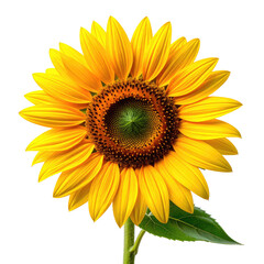 Fototapeta premium Bright sunflower with yellow petals and green stem on black backdrop