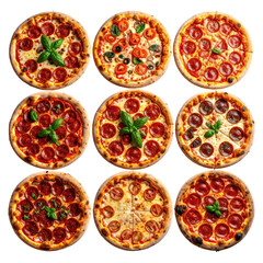 Pizzas with varied toppings arrayed on a dark background