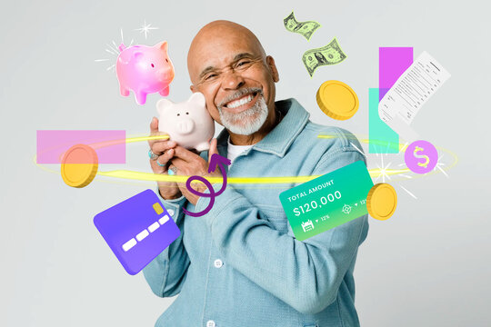 Online bill payment, man in debt, finance remix