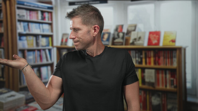 Man with outstretched palm up looking at his hand in a library building; thoughtful curiosity learning.