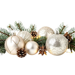Christmas ornaments, pine cones and branches on a black background