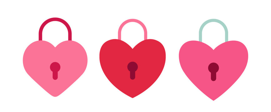 Set of valentine's day love lock flat vector illustration.
Heart shaped lock clipart.
valentine's day icon.
White background.