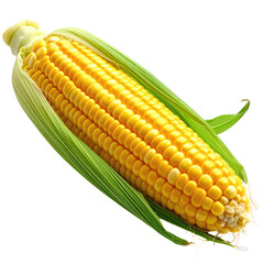 Fresh corn cob with bright yellow kernels, surrounded by green husks