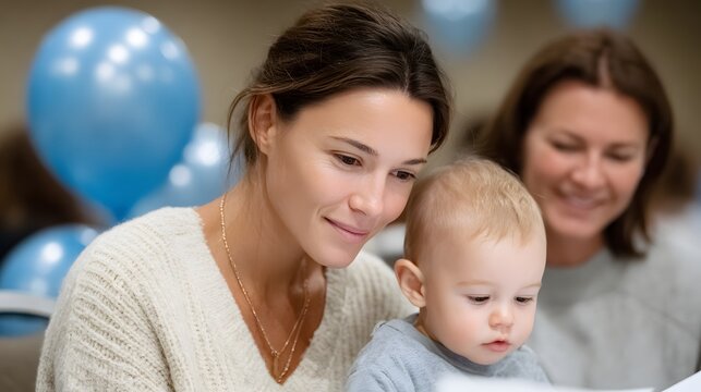 Close-up of a smiling mother and baby at a family celebration. Grandmother and blue balloons in the background. Warm family portrait. - Powered by Adobe