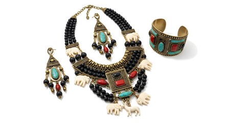 An exquisite set of antique jewelry, featuring a necklace, earrings, and bracelet, showcases intricate detailing and timeless elegance