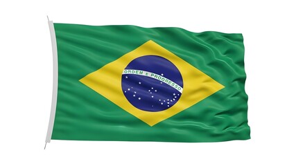 A waving Brazilian flag against a bright background. The flag is displayed with the iconic colors of Brazil, a vibrant symbol of national pride
