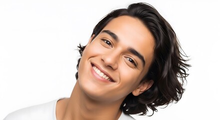 A young person smiles brightly at the camera, exuding positivity and warmth. Their eyes sparkle with joy, their expression conveys genuine happiness