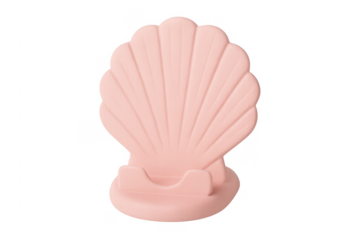 Pink seashell phone stand displaying mobile device accessory