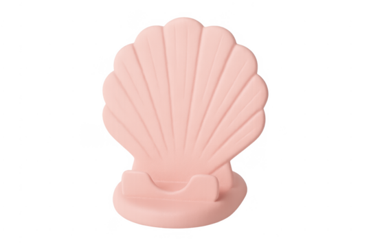 Pink seashell phone stand displaying mobile device accessory