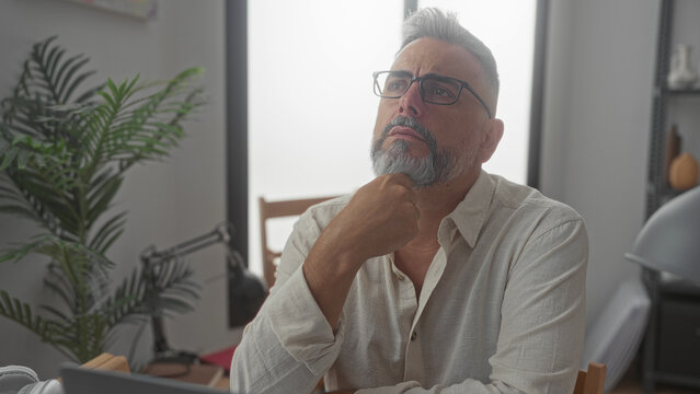 Middle aged man typing on laptop with hand on chin in building home office; contemplation focus concentration.