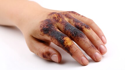 horrible burns on female hand isolated on white.